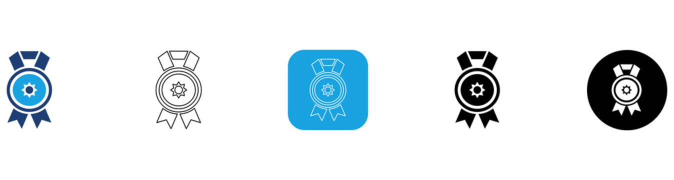 Achievement Badge Icon Set with Blue Fill, Gray Outline, Blue Square White Outline, Black Fill, Black Circle White Fill Variations Collection 5 Styles Isolated on Transparent Background