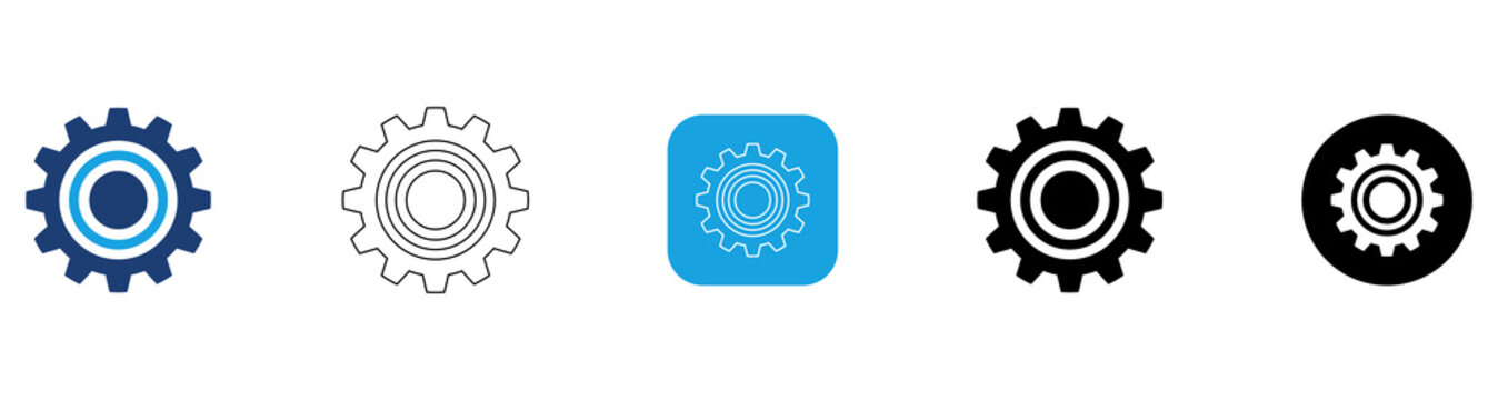 Settings Gear Icon Set with Blue Fill, Gray Outline, Blue Square White Outline, Black Fill, Black Circle White Fill Variations Collection 5 Styles Isolated on Transparent Background