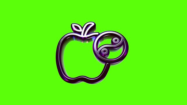 Shiny metallic apple icon with a ying yang symbol on a bright vivid neon green background