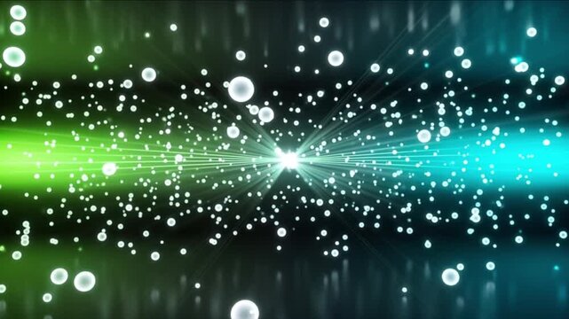 紫の深遠空間を浮遊し前進する白い量子ドットとネオングラデーション背景