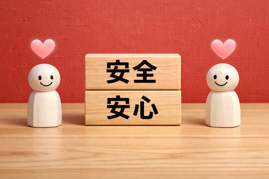 安全安心の木製ブロックと笑顔の人型ドール温かいイメージ