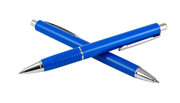 Two blue pens are crossed, resting against a solid black background. Their metallic tips gleam in the soft lighting