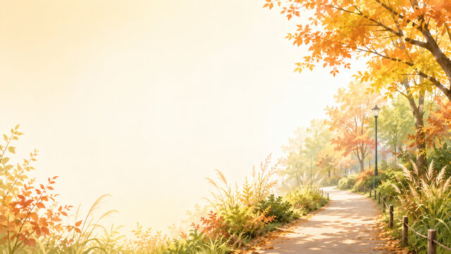 紅葉した草木に囲まれた散歩道の秋背景　広い余白を活かしたウォーキング・散策・秋イベント告知用の自然風景素材