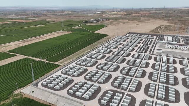 Large scale outdoor energy storage station battery packs neatly arranged in rows