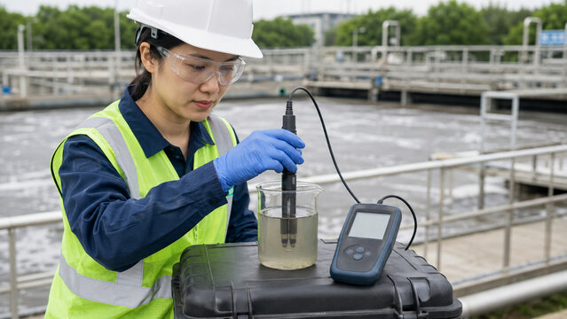 Environmental Scientist Measuring pH and Conductivity in Wastewater at a Treatment Facility