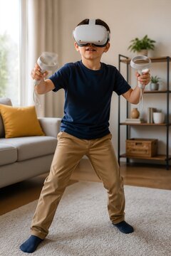 Boy enjoying virtual reality in living room