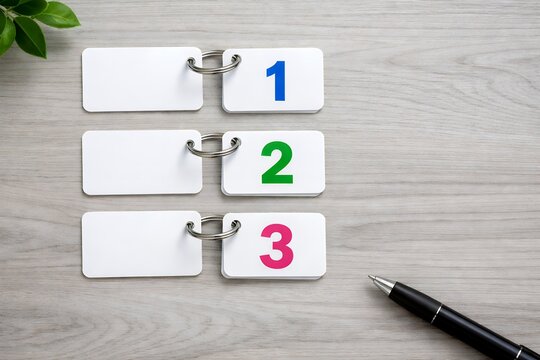 ビジネスや学習で使える3つの項目を提示するカードとペン