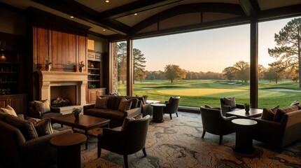 Obraz premium Luxury golf club lounge with fireplace, plush seating offers panoramic fairway views at sunrise. Elegant interior features warm wood tones, soft natural light, creating serene morning atmosphere.