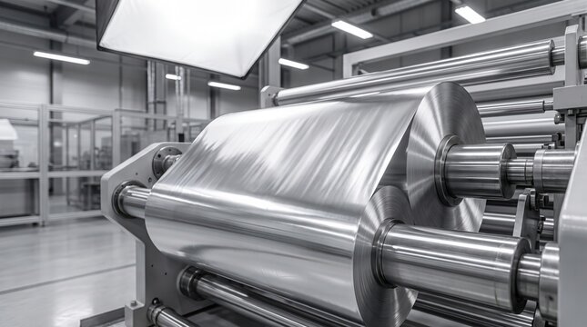 Large roll of thin silver aluminum metal sheet in bright industrial plant.