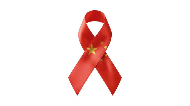 Red awareness ribbon with Chinese flag pattern during awareness campaign isolated on transparent background