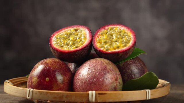 fresh ripe passion fruits on wooden table