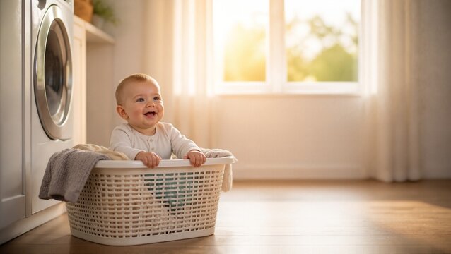 Baby joyfully playing in a laundry basket by the window