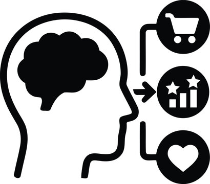 Human head profile with brain icon connected to shopping cart rating and heart symbols representing consumer behavior