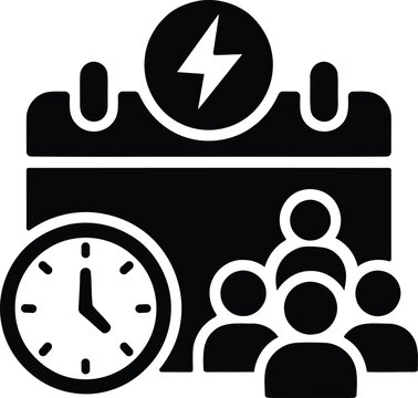 Black and white icon representing a calendar with a lightning bolt clock and a group of people