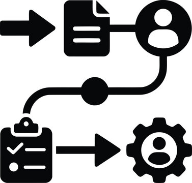 Business workflow icon showing document processing and task management with human resource and mechanical gear integration
