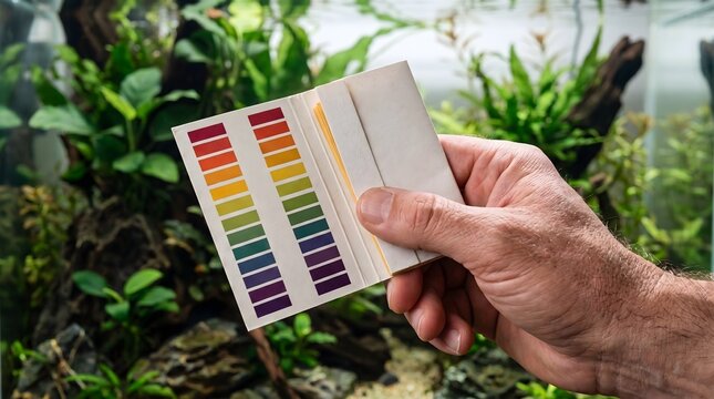 Male hand holding pH level indicator test kit in front of a lush planted aquarium for home pet care and water quality monitoring concept