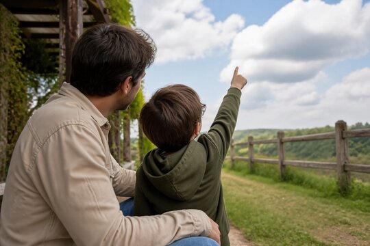 Boy pointing at clouds while sitting with father in nature
