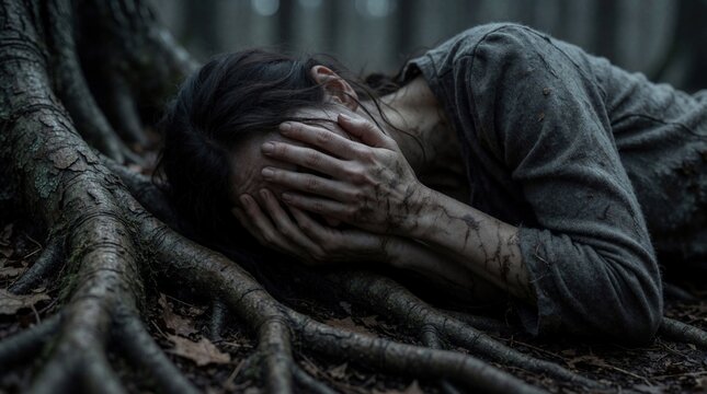 Sad young woman lies on forest ground among thick tree roots. Covers face with dirty hands expressing despair grief. Dark moody atmosphere in woods shows woman feeling vulnerable, lonely, connected