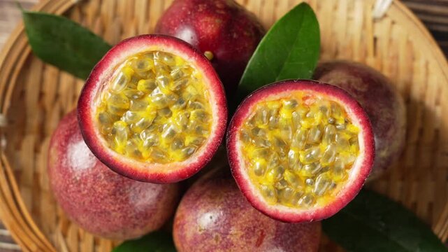 fresh ripe passion fruits on wooden table