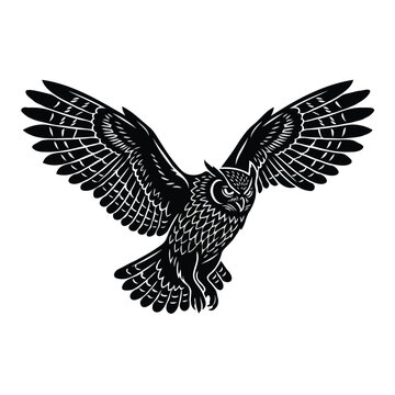 Flying Owl Silhouette Linocut Woodcut Vector Graphic Illustration