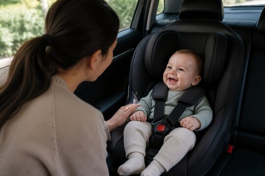 Happy baby enjoying time in car seat with mother smiling