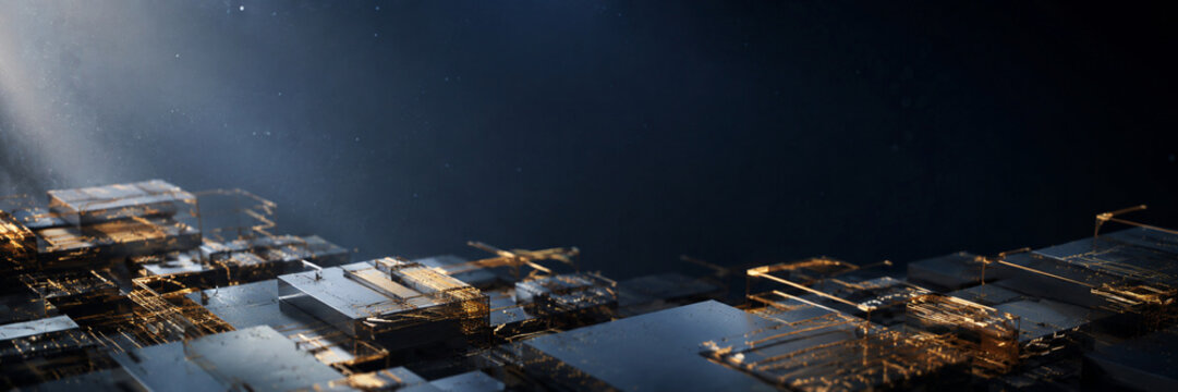 Floating modular technology blocks on dark digital background
