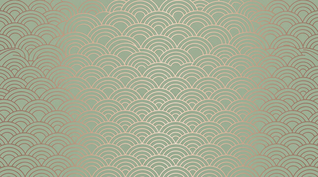 Elegant Japanese fish scale seamless pattern featuring metallic rose gold curved lines on a sage green background