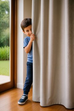 Boy peeking playfully behind curtain in a cozy living room