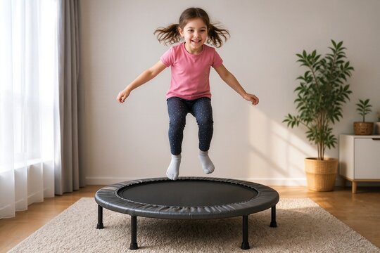 Happy child jumping on indoor trampoline in living room