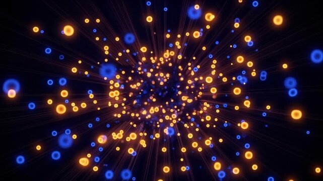 漆黒の深遠空間を浮遊する琥珀色とウルトラマリンの発光量子ドット背景