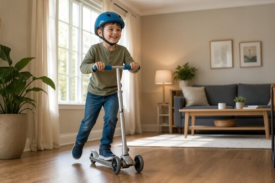 Boy riding scooter joyfully indoors with a modern background
