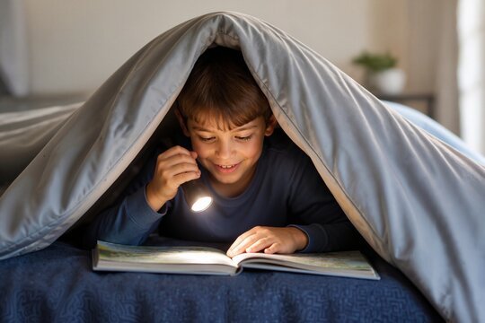 Boy reading a book with a flashlight under a blanket at home