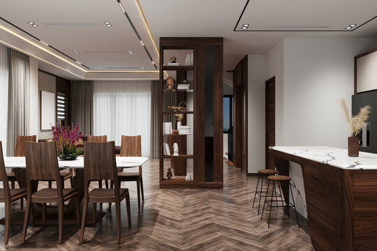 Stylish home dining space leading to the kitchen with cooking and eating corner
