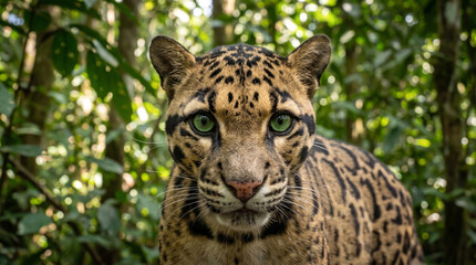 Fototapeta premium Close-Up Portrait of Clouded Leopard with Striking Green Eyes in Dense Forest Habitat