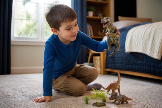 Boy joyfully playing with toy dinosaur in a cozy room