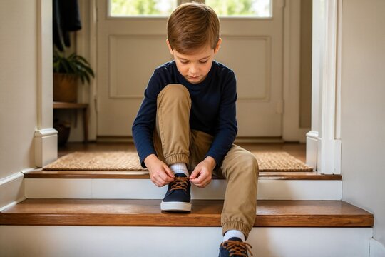Boy focused on tying shoelaces at home on wooden stairs