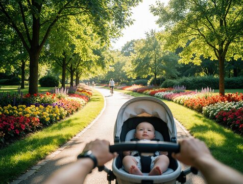 Parent pushes baby stroller along park path with colorful flowers and green trees. Sunlight shines on family enjoying outdoor nature walk on a summer day.