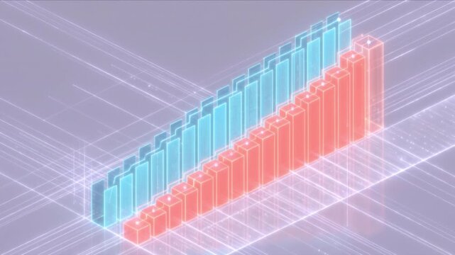 サイバー空間で上昇する光の3D棒グラフと折れ線グラフの比較データCG