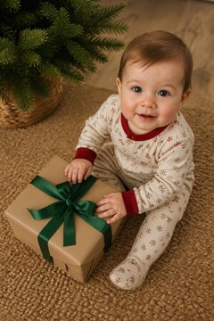 Baby smiling in holiday pajamas beside a gift box on a rug
