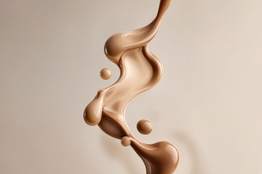 Abstract flowing liquid foundation makeup in warm nude and brown shades, glossy cosmetic texture with floating droplets on a neutral beige background, luxury beauty concept.