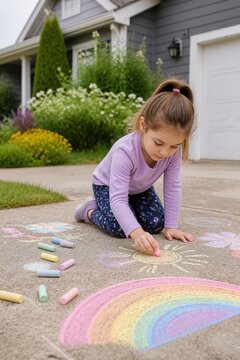 Child joyfully drawing with chalk on driveway in a garden setting