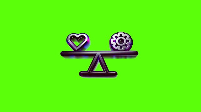 A heart icon and a gear icon balancing on a scale representing the balance between emotion and logic