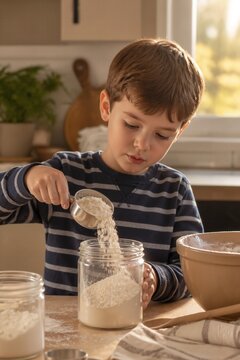 Boy measuring flour in kitchen with focus and concentration