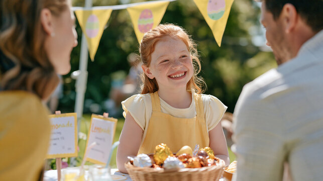 A redhead girl with freckles running a modest backyard lemonade stand decorated with pastel-painted Easter egg bunting, her neighbor couple browsing the handmade price signs as a