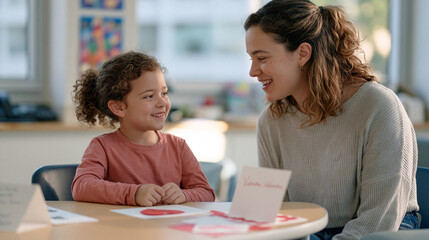 Obraz premium Speech therapist and young patient practicing articulation exercises in a golden-hour therapy room, Valentine card being assembled on the side table as a reward activity, couple