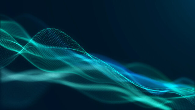 Teal and cyan particle waves flow through a dark futuristic scene, creating a clean abstract motion background for AI, data, network and technology visuals.
