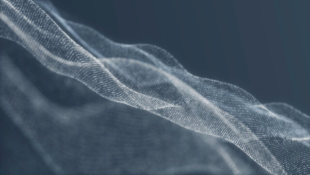 White particle mesh wave moves over a soft gray background, forming a clean abstract technology motion backdrop for science, data and modern design projects.