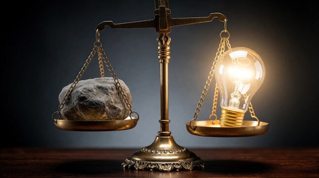 Golden scales tip showing heavy rock weighed against bright illuminated light bulb. Symbolizes ideas, innovation, intellectual value, and solutions balancing weight. Creative concept of thought power.