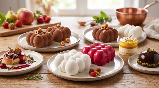 An assortment of gourmet bubble mousse cakes, fruit tarts, and chocolate glazed desserts served on ceramic plates over a wooden table.