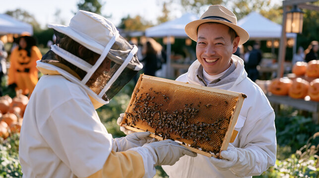 Beekeepers in protective suits inspecting hive frames at a vibrant autumn pumpkin patch market, a diverse team of apiarists explaining honey harvest yields to Halloween-costumed